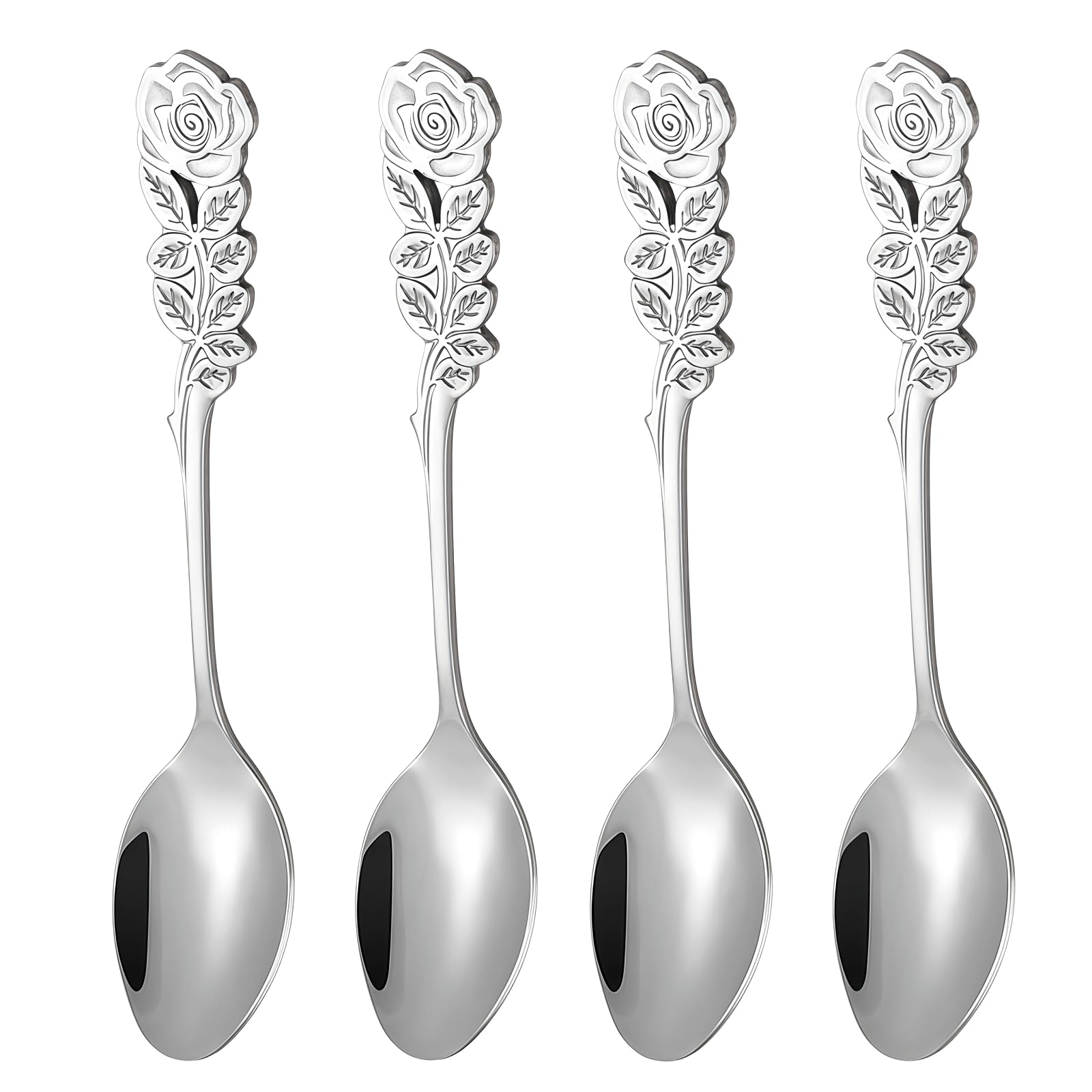 SamHeng Rose Coffee Spoons, 4 Pcs Stainless Steel Dessert Spoons, Teaspoons for Stirring Espresso Cocktail Cake Ice Cream for Home Coffee Shop (Silver)