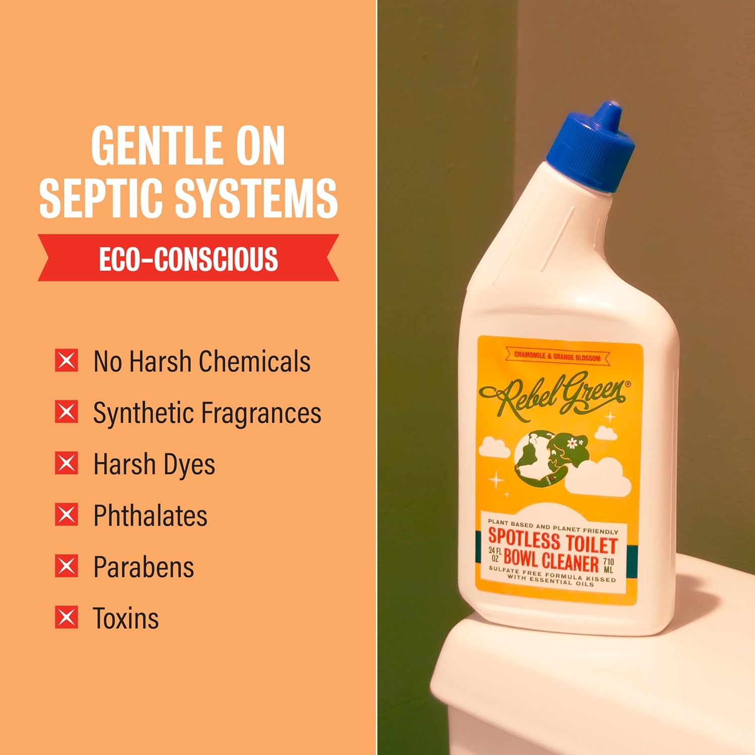 Rebel Green Spotless Toilet Bowl Cleaner - Natural, Plant-Based, Organic, Eco-Friendly, Non-Toxic Bathroom Cleaner, Chamomile Orange Blossom Scent - 24 oz - 2 Pack - Image 5
