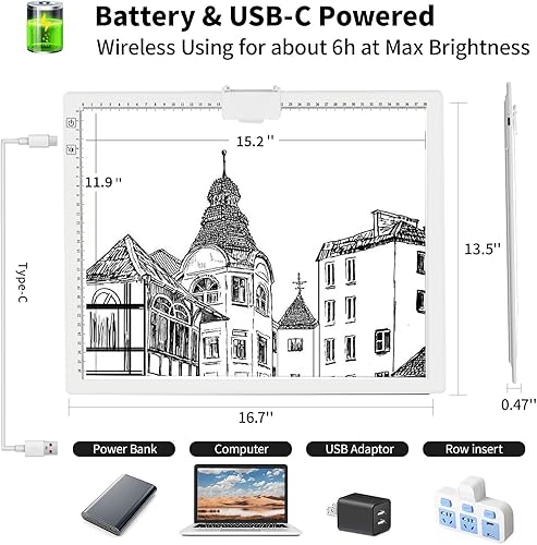 Miniatura 39 de TOHETO Almohadilla de luz LED brillante recargable A3 con bolsa de transporte, 6 niveles y sin escalones, 3 colores, atenuación de brillo, caja