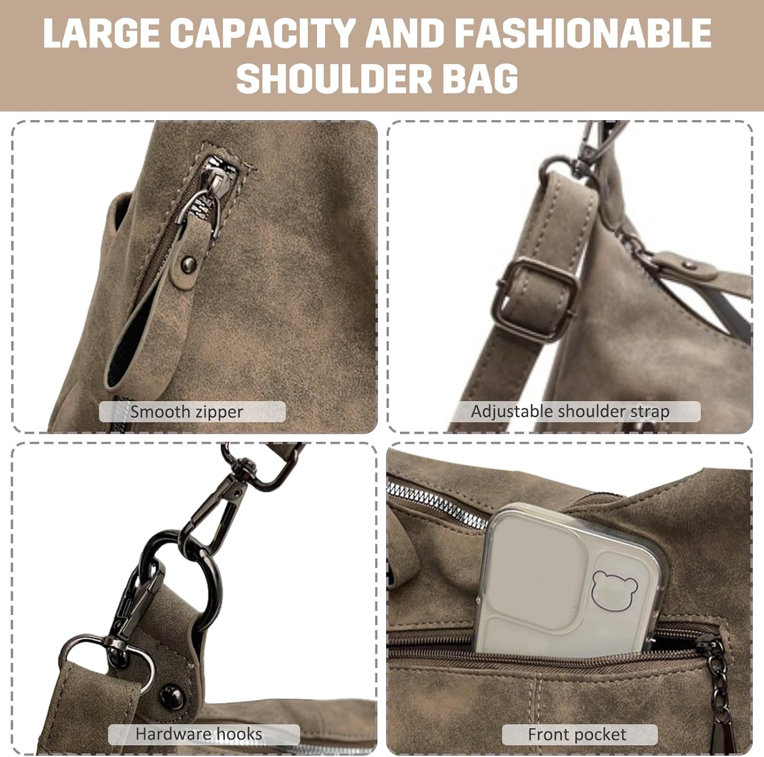 Shoulder Bag for Women with Adjustable Shoulder Strap, Lightweight Crossbody Handbag with Zip for Work Travel, Black - Image 9