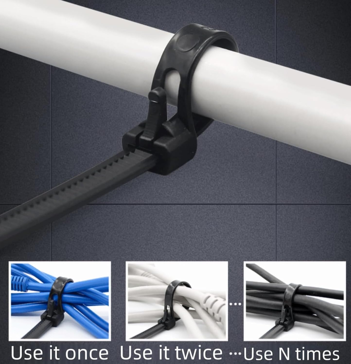 reusable zip ties heavy duty 14 inch Cable Ties Black Releasable Zip Toes 60 Pack 80lb Tensile Strength Nylon Tie Straps By WANGFA