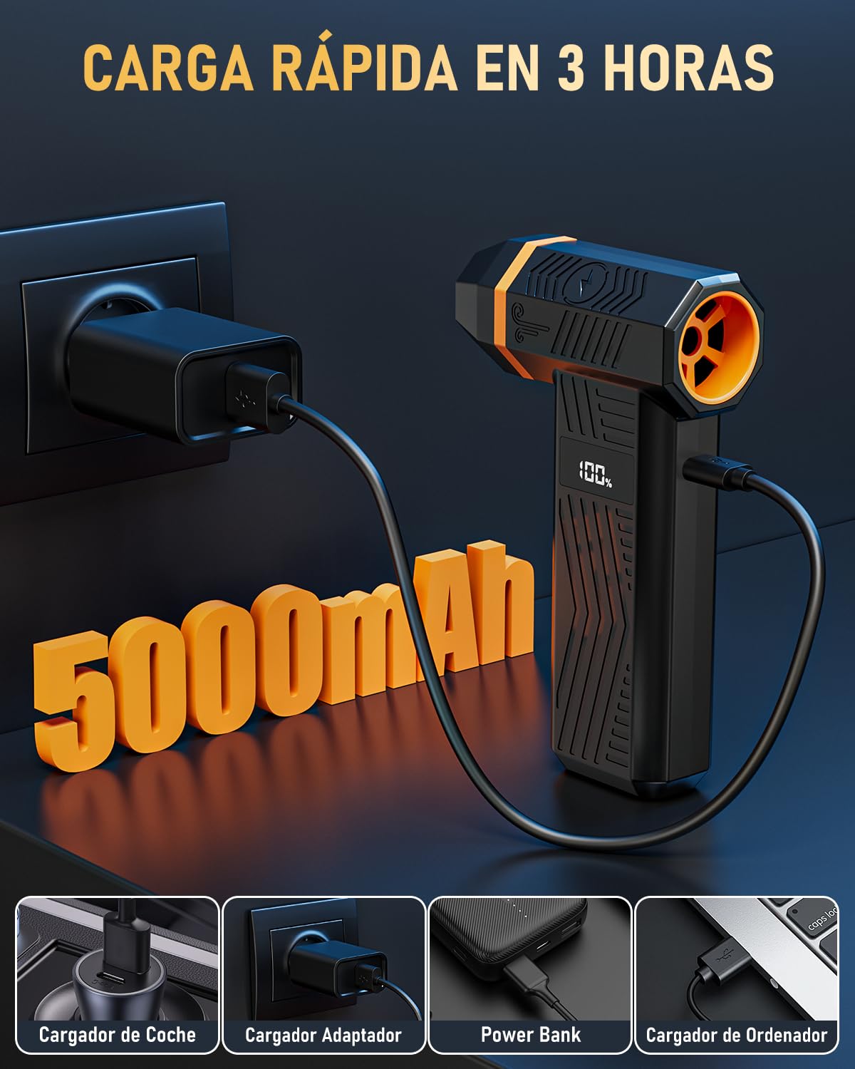 GLAM Soplador de Aire Potente con luz LED, 150000RPM 4 Velocidades Air Duster Soplador de Aire Eléctrico con Pantalla LED, para Teclado, Ordenador, Electrónica y Coche