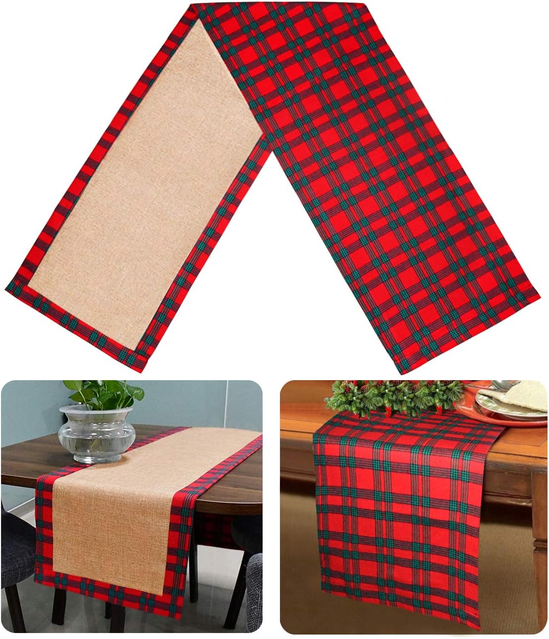 Senneny Christmas Table Runner Tartan Holly Plaid Table Runner Cotton & Burlap Reversible Table Runner for Christmas Holiday Family Gatherings Birthday Party Home Decoration, 14 x 72 Inch