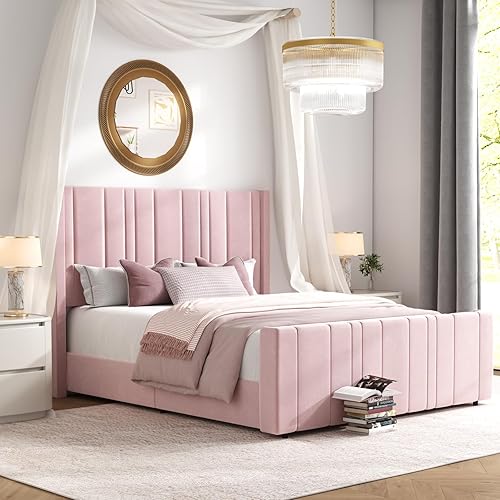 HOMBCK Queen Bed Frame Pink Upholstered Bed with Vertical Channel Tufted Headboard & 22" Footboard, Noise Free/Wooden Slats/Noise Free/No Box Spring Needed/Easy Assembly - Pink - Queen