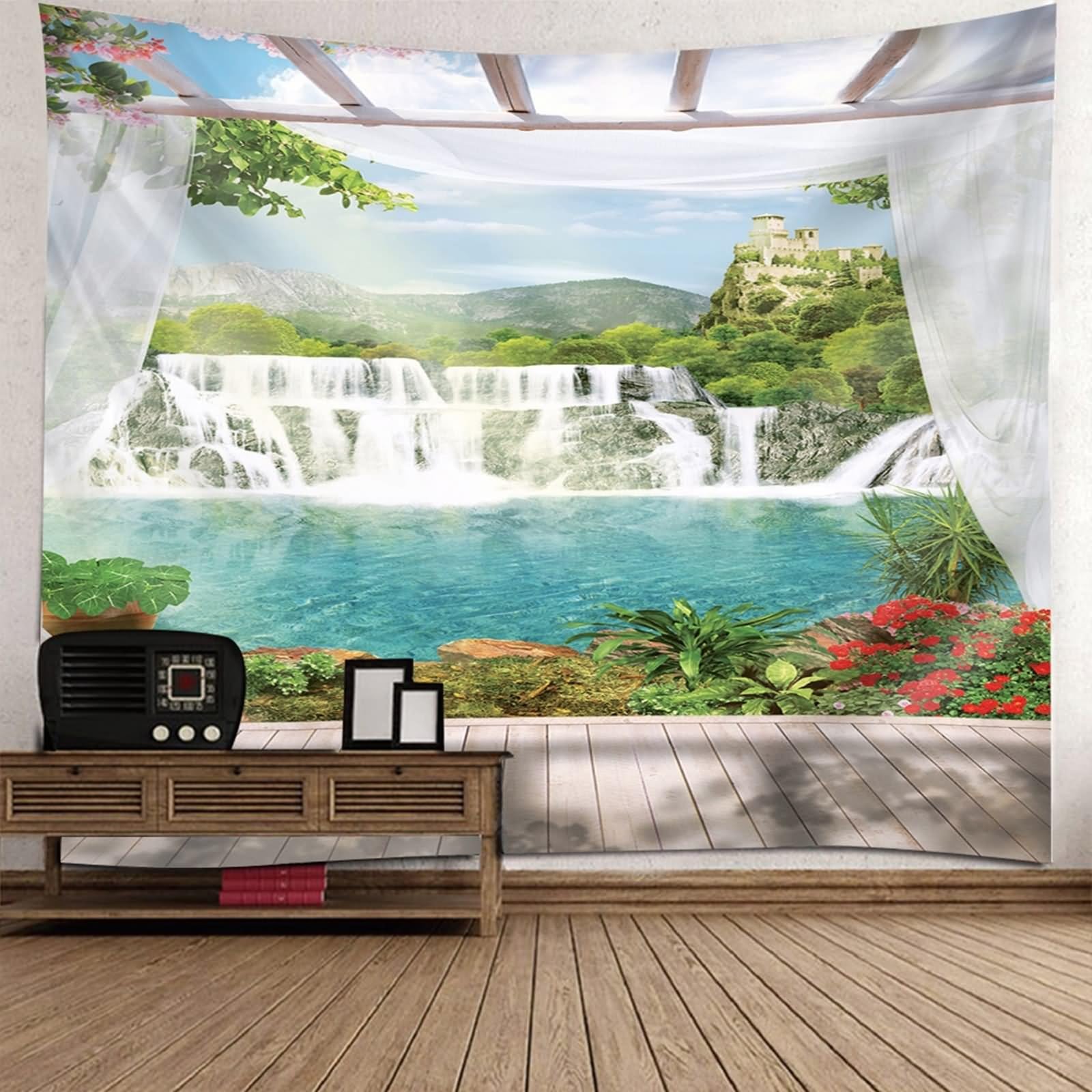 Aotiwe Wandteppich Aesthetic, Wandvorhang Groß Hofberge und Wasserfall Grün Weiß Braun Wandvorhang Boho 260x240cm