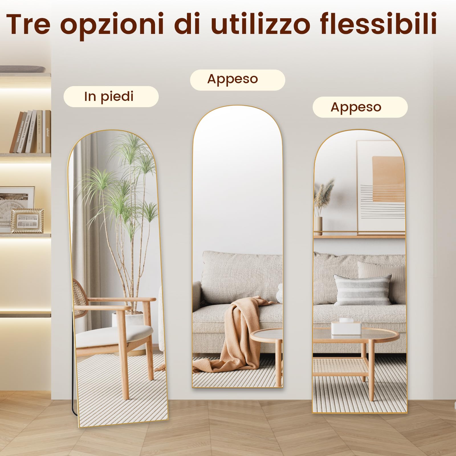 Specchio a Figura Intera, Specchio da Terra ad Arco con Cornice in Alluminio 162 x 52cm, Vetro Temperato, Specchi da Parete Lungo da Appendere o Appoggiato, per Camera da letto Ingresso, Oro