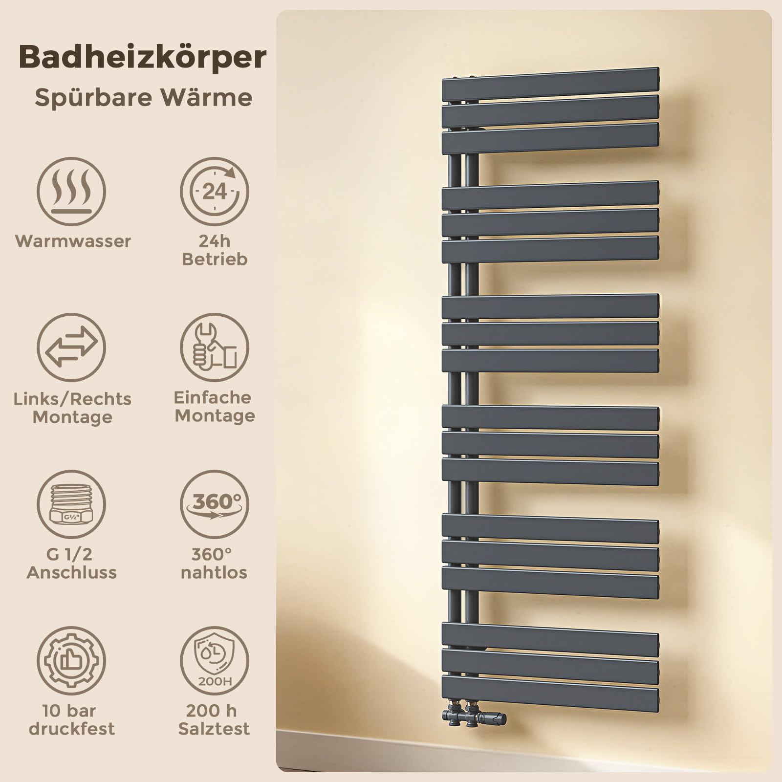 S'AFIELINA Design Badheizkörper Handtuchheizkörper Anthrazit Flach Paneel mit Mittelanschluss 1320x500mm Heizkörper für Bad 695W,Handtuchtrockner für Zentralheizung, Anthrazit (Ohne Thermostatventil)