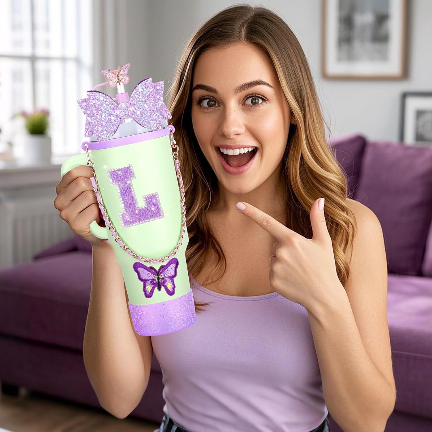 Mity rain 14PCS Purple Cup Accessories for Stanley Cup 30oz 40oz tumbler with handle - Includes Strap,Straw Bow Decorate,Straw Cover,Boot,Spill Proof Stoppers,Handle Charms,Letter Sticker(Initials L) image 3