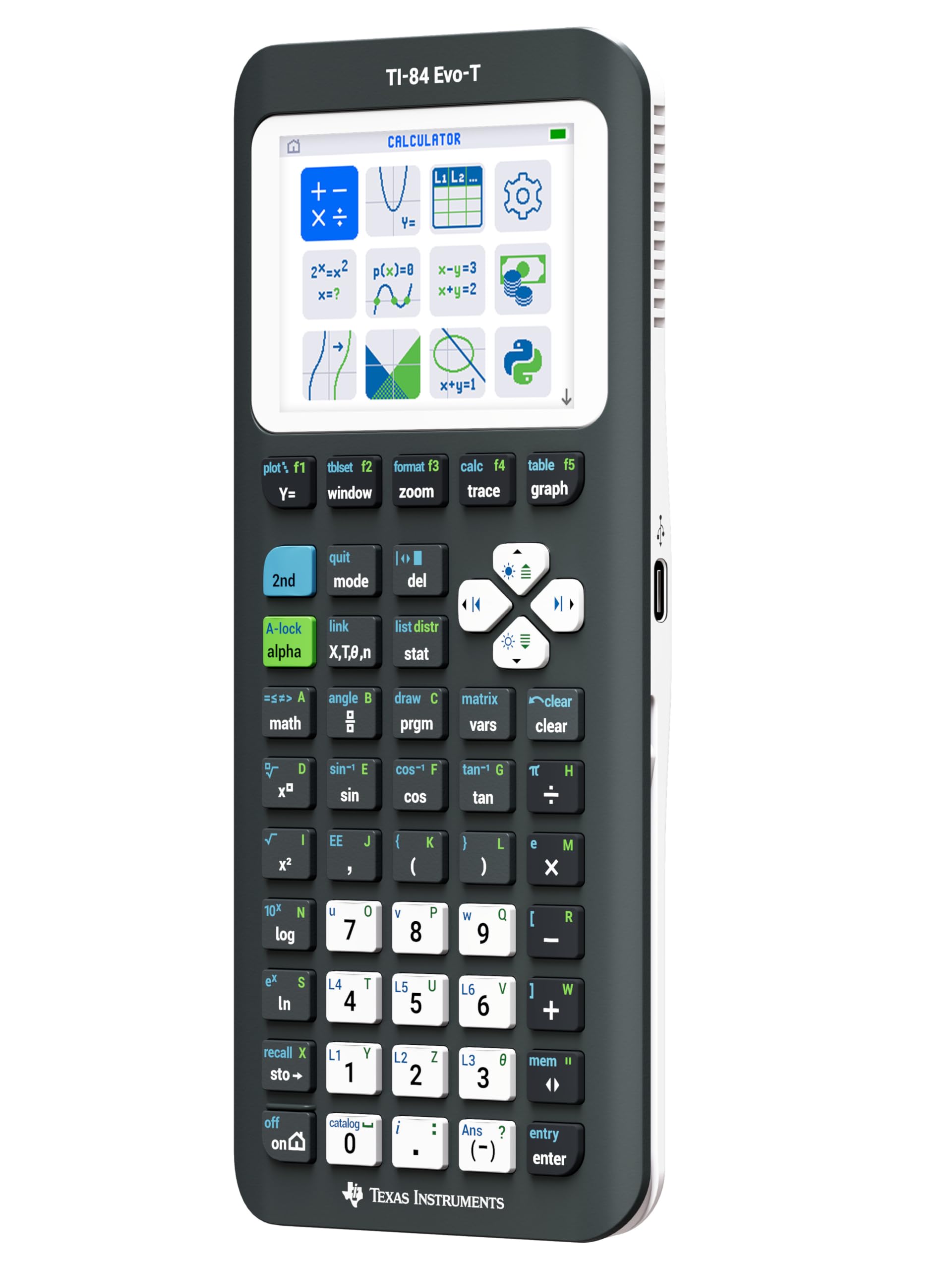 Texas Instruments TI-84 Evo-T Calcolatrice grafica, supporto Python, ricaricabile, USB-C, modalità di prova