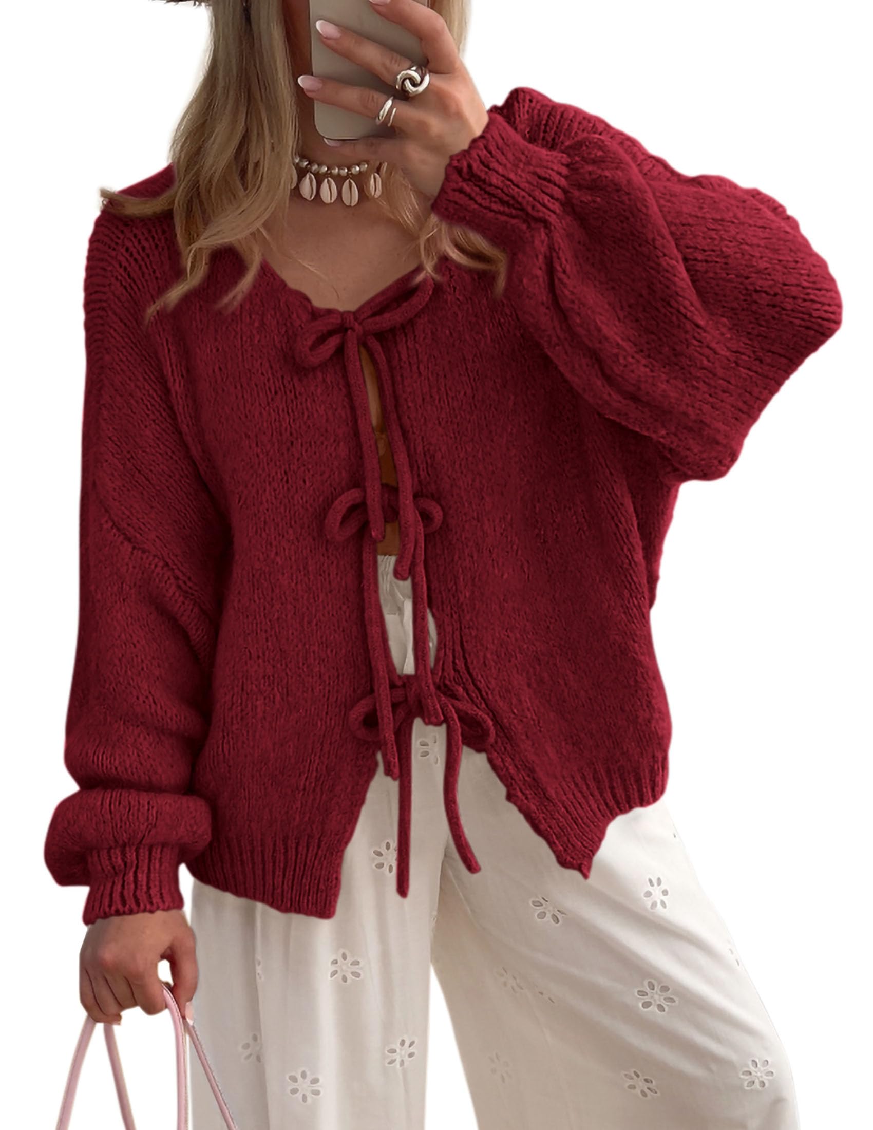 PRETTYGARDEN Womens Tie Front Bow Cardigan Sweaters Chunky Knit Long Puff Sleeve Trendy Fall Winter Jacket Coats