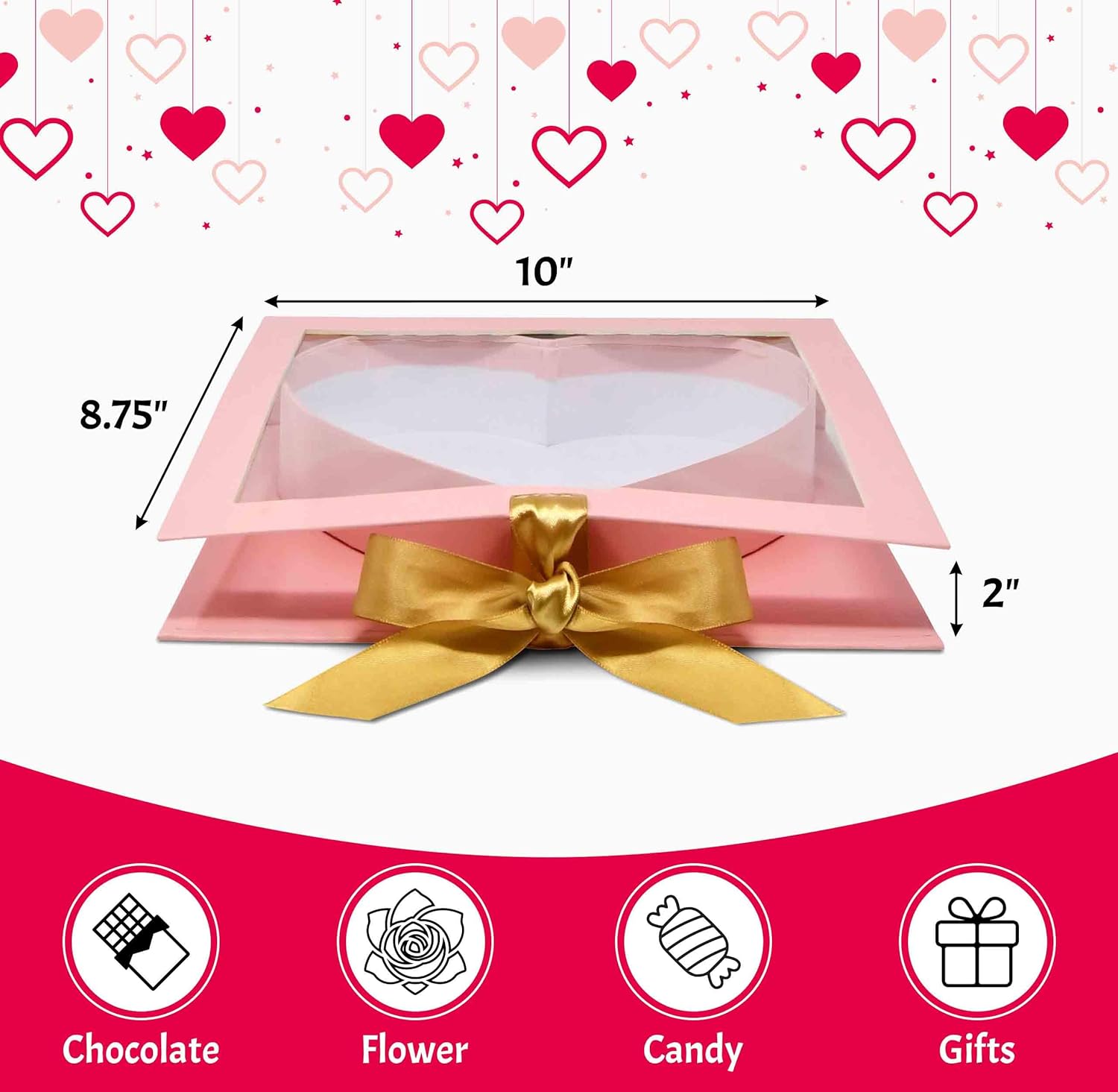 Gift Boutique Valentine's Pink Heart Flower Box Gold Ribbon Clear Top Window Lid Cardboard Fillable Packaging Boxes Treat Floral Candy Chocolate Gifts - Image 2