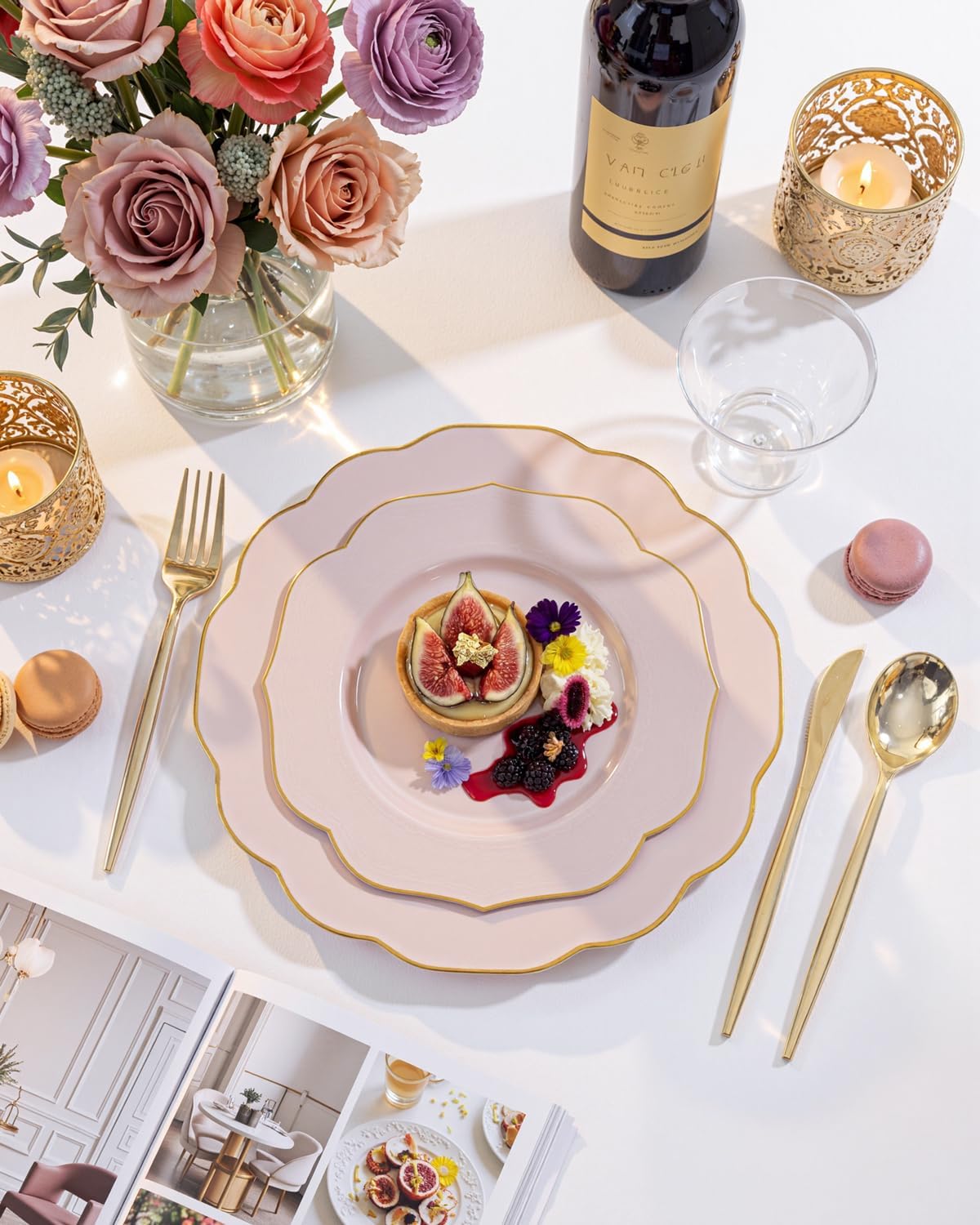 bUCLA 180PCS Pink Plastic Plates - Pink with Gold Rim Disposable for Party Include 30 Each (Dinner & Dessert) Plates, 30 Knives, 30 Forks, 30 Spoons, 30 Cups for Wedding, Easter, Birthday & Shower
