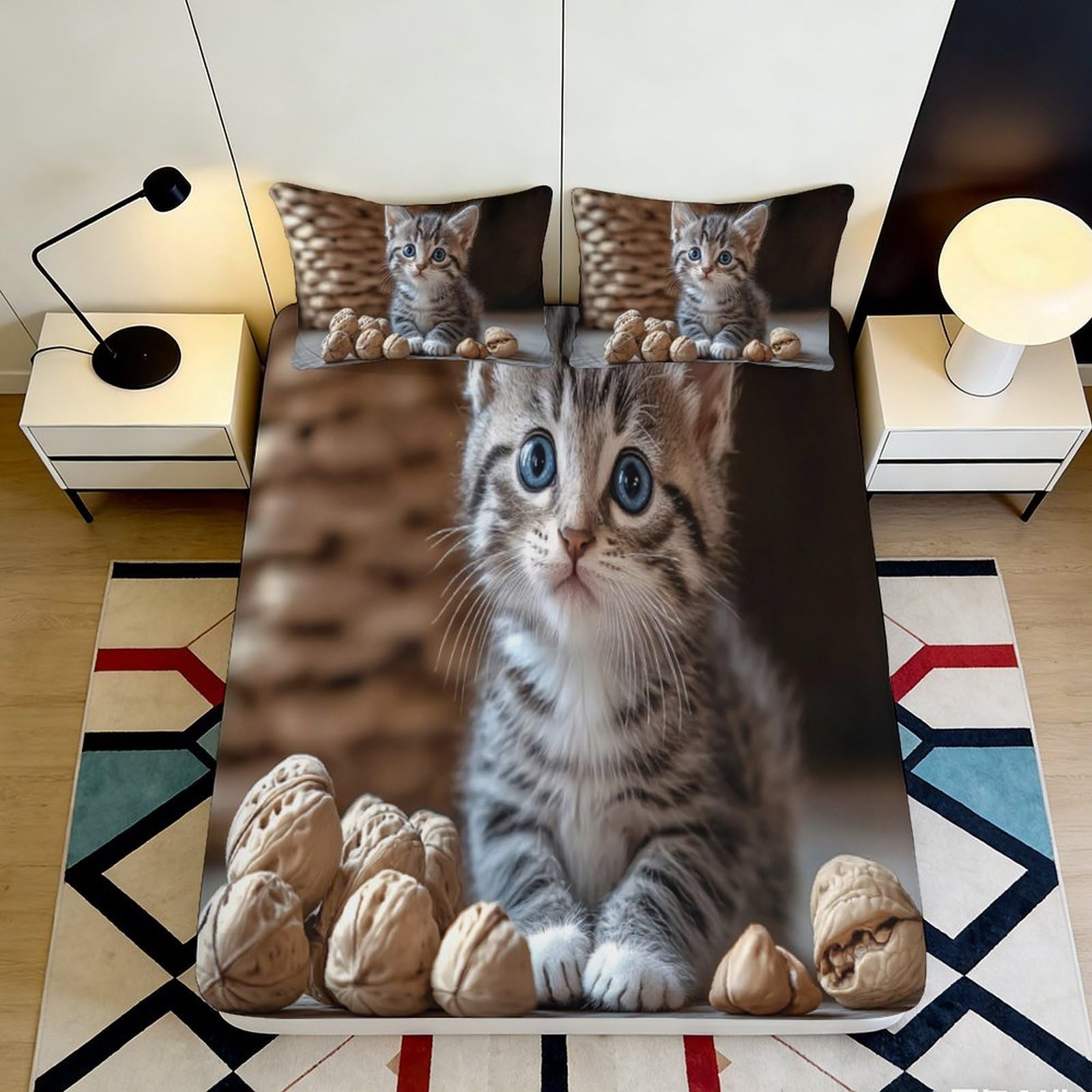 3D Printed Cute Tabby Cat Fitted Sheet Microfiber Soft Animal Pattern Bed Sheet for Bedroom Guest Room Dorm Decor 90x200x25cm