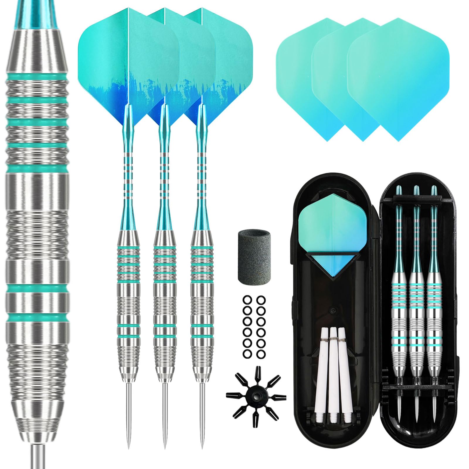 Lavishio Professional Steel Tip Darts Metal Tip Set with Extra 3 Dart Flights,3 Replace Plastic Shaft Rubber O'Rings Extra Flights Dart Sharpene
