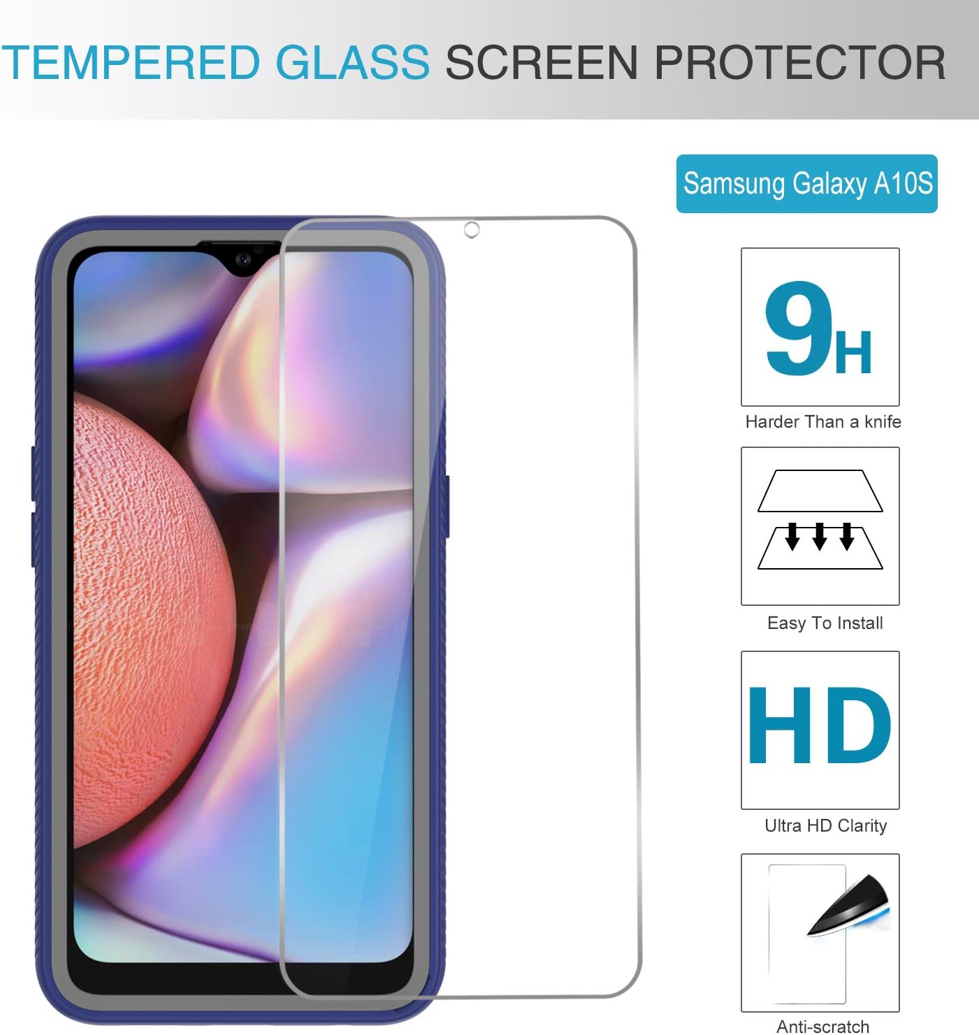 LeYi Compatible with Samsung Galaxy A10S Case, Galaxy A10S Case with 2 Tempered Glass Screen Protector, Full-Body Protective Rugged Hybrid Bumper Shockproof Clear Phone Cases for Samsung A10S, Blue