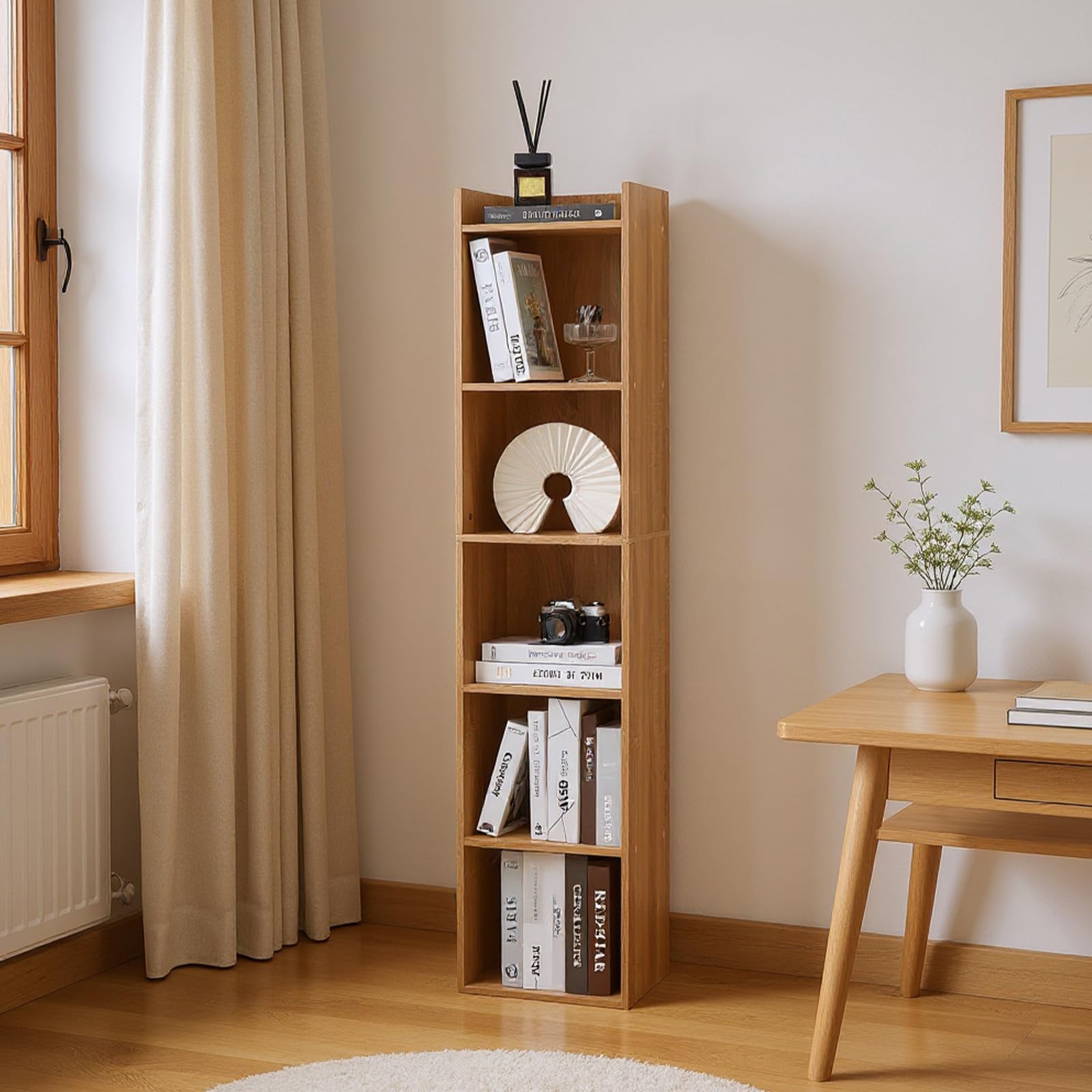 Wysoki wąski drewniany regał na książki, 30 cm szerokości, podłogowy, sufitowy, regał z regulowanymi półkami, 3-poziomowy schowek do sypialni, salonu, gabinetu, kuchni, stylowy