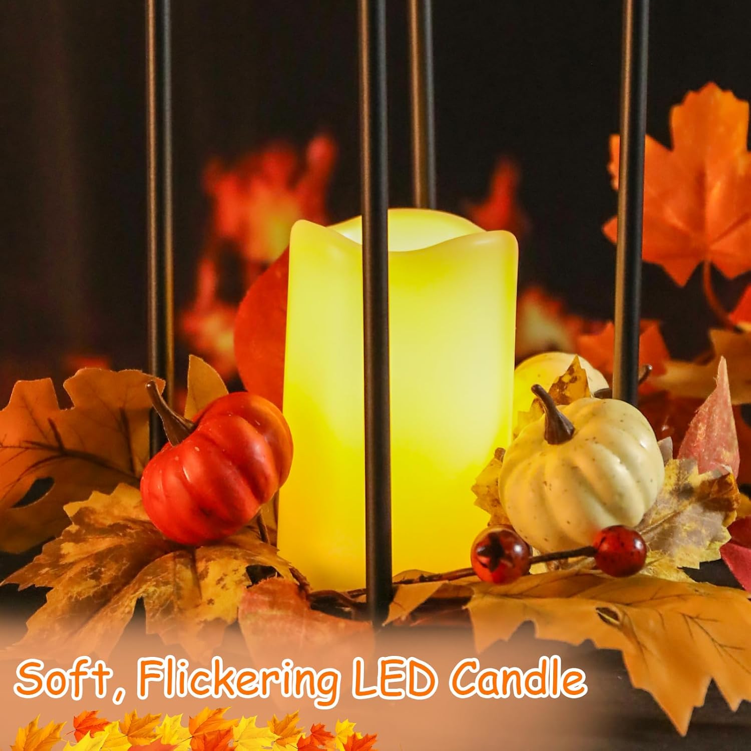 Bdor 2 Pack Fall Lantern Decor with LED Candle – 14 Inch Harvest Pumpkin Maple Leaf Hanging Lantern for Autumn Thanksgiving Table Centerpiece Indoor Outdoor Decoration, Battery Operated