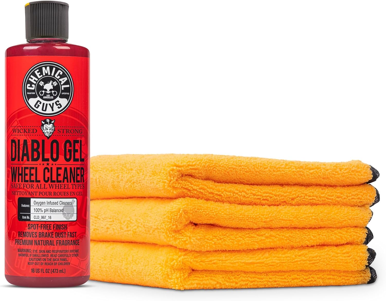 Chemical Guys CLD_997_16 Diablo Gel Oxygen Infused Foam Wheel And Rim Cleaner, Concentrated (Safe on All Wheel & Rim Finishes), 16 fl oz + MIC_506_03 Premium Microfiber Towels, Gold (16"x16") 3 Pack