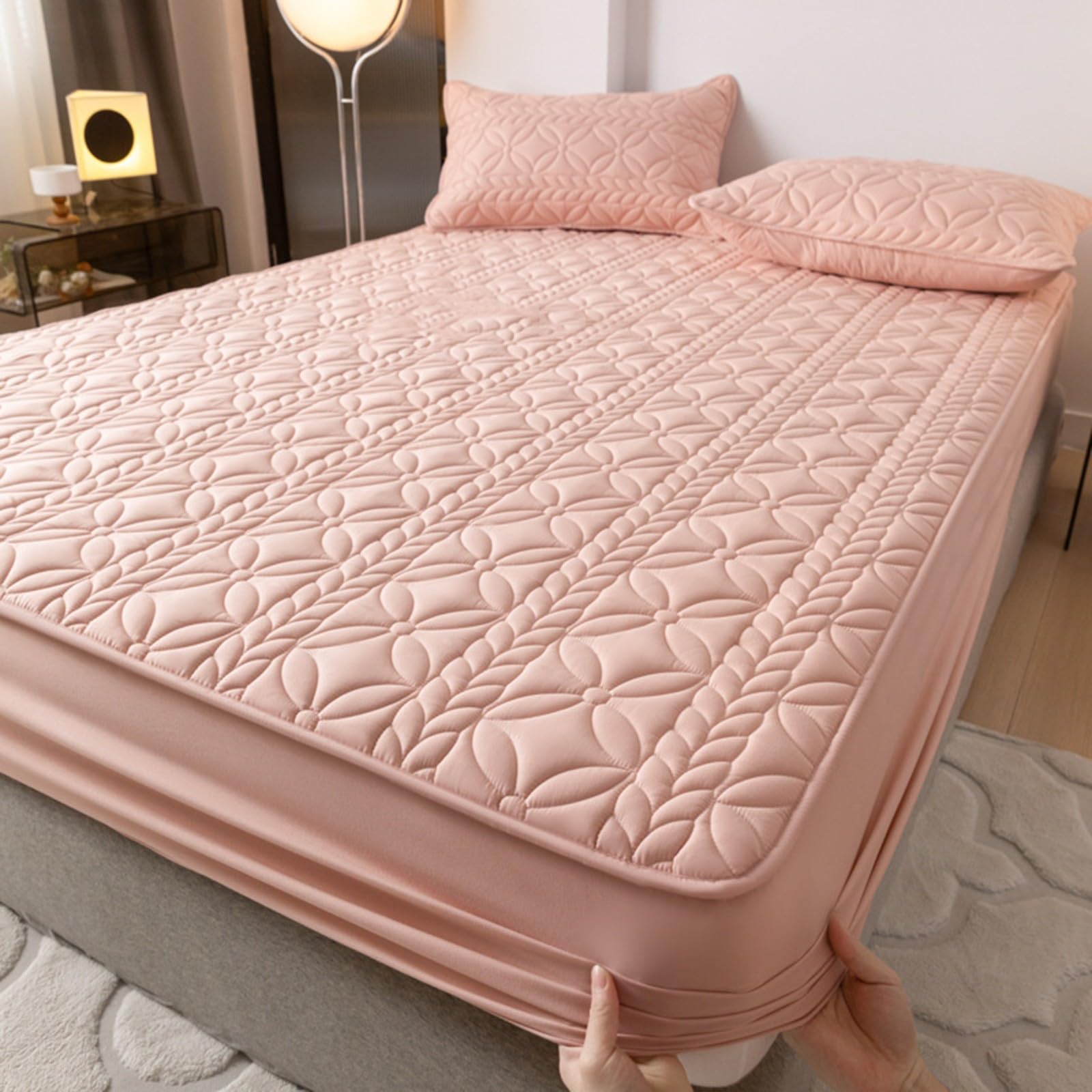 Gesteppter Matratzenschoner,Wasserdichtes Matratzenschoner-Spannbettlaken,Atmungsaktiver Kühlender Matratzenbezug mit 2 Kissenbezügen für Wohnungen und Schlafzimmer zu Hause(Pink,200x220cm)
