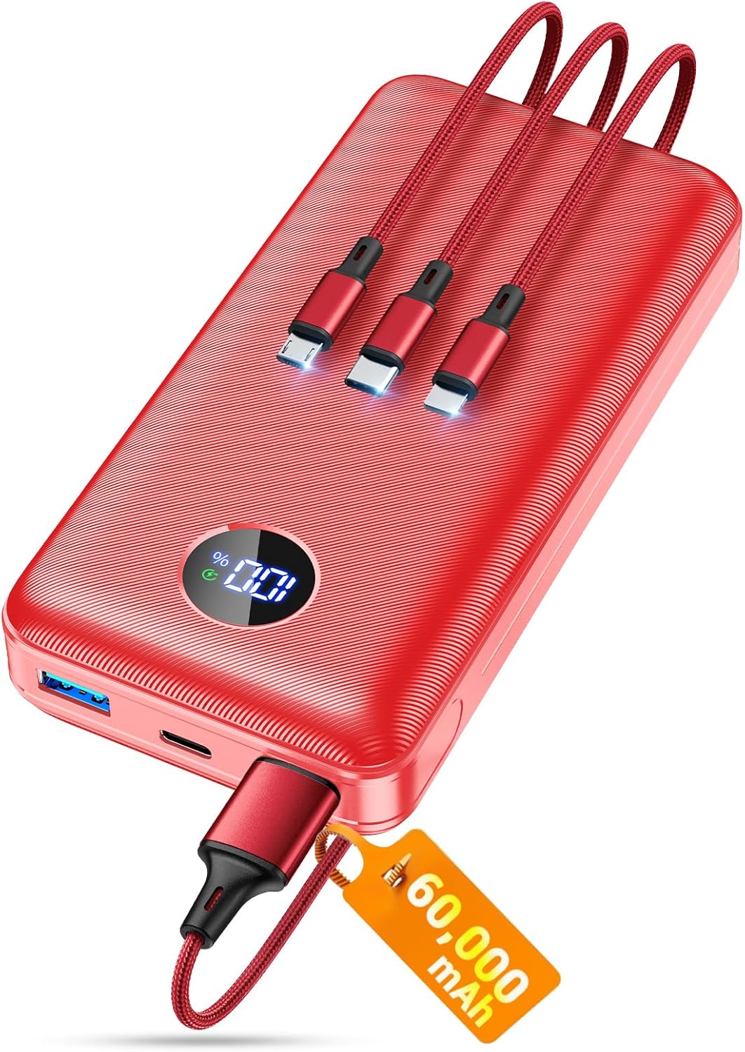 Portable Charger Power Bank, 60000mAh Battery Pack with 3 in 1 USB-C/iOS/Micro-USB Cable, 22.5W Fast Charging Portable Phone Charger, Travel Camping Essential Powerbank for iPhone 17/16 Samsung,Ruby