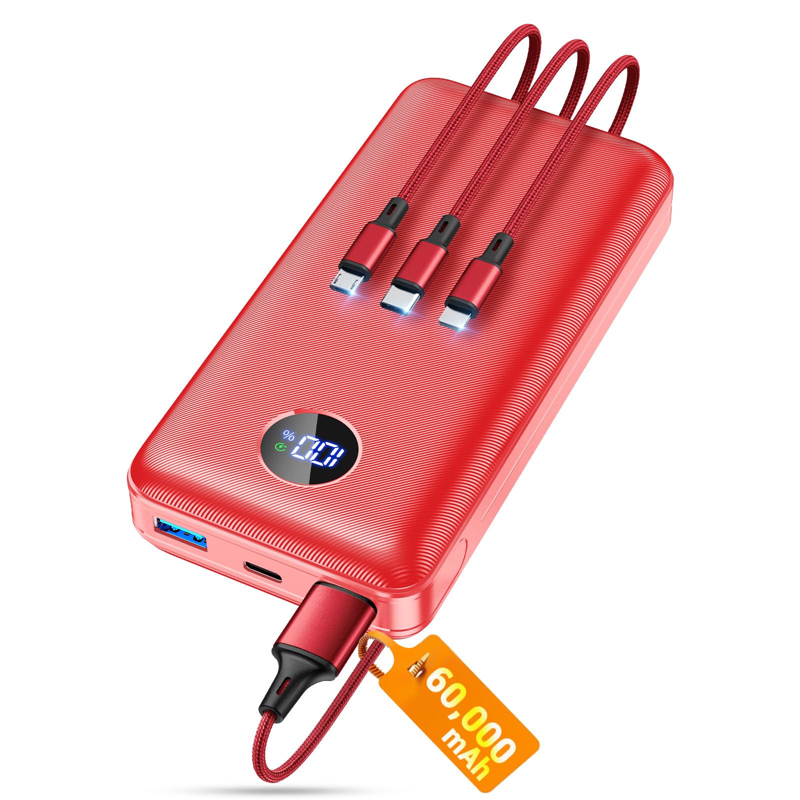 Portable Charger Power Bank 60000mAh Battery Pack with 3 in 1 USB-C iOS Micro-USB Cable 22 5W Fast