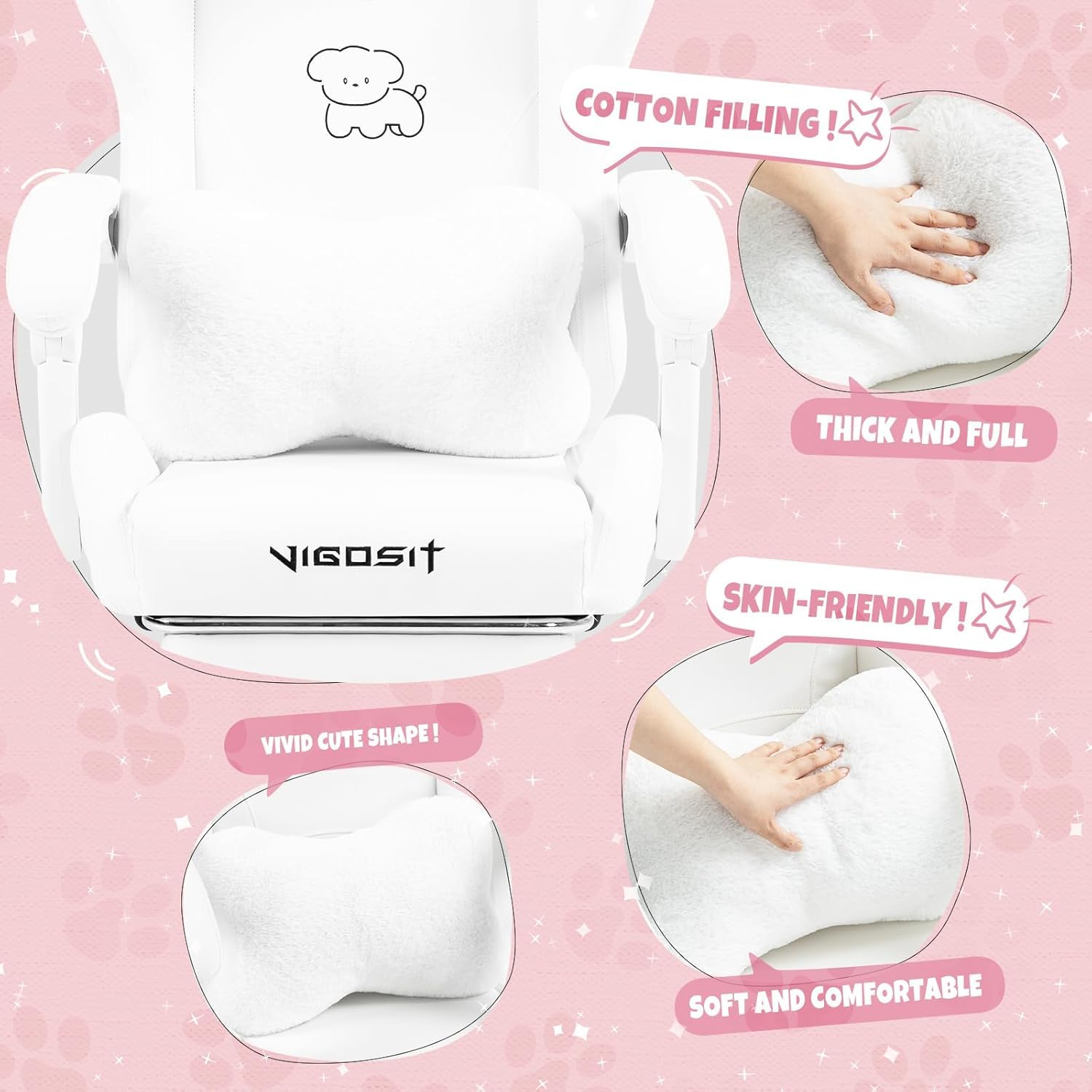 Vigosit Gaming Stuhl Niedlich mit Ohren und Kawaii Kissen, Ergonomische Computer-Spiel-Stuhl für Mädchen mit Lendenwirbelstütze und Fußstütze, Bequeme zurücklehnen PC Gamer Stuhl für Teenager (White)