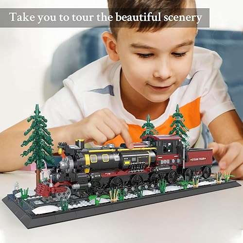 Miniatura 6 de WVINVW Bloque de construcción clásico de locomotora de vapor, juego de tren con luces, pista de tren, base y 3 árboles, regalos para amantes del