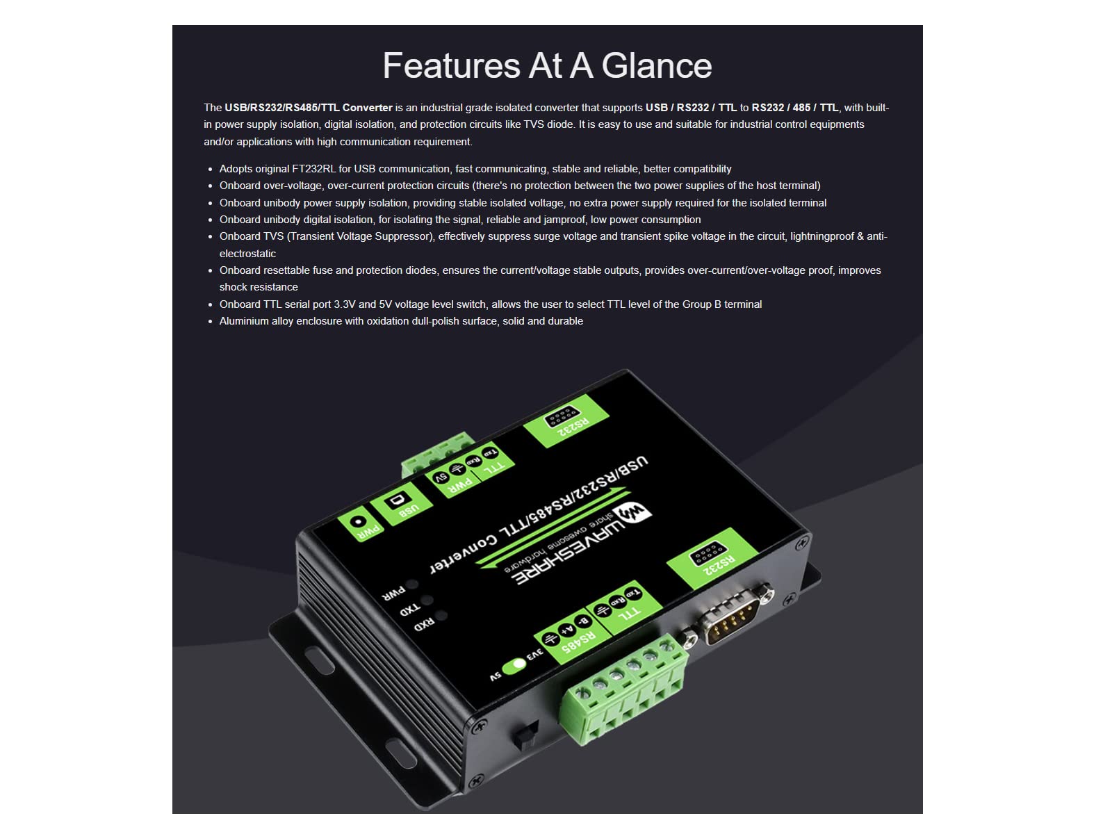 Waveshare Industrial USB / RS232 / TTL to RS232 / 485 / TTL Isolated Multi-Bus Converter Adapter Module Adopts Original FT232RL for USB Communication Support Windows 11/10 / 8.1/8 / 7 / XP