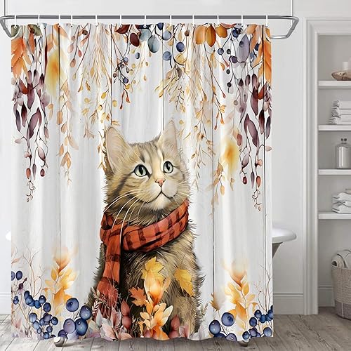 Cortina de ducha con diseño de gato de otoño, acuarela, hojas de otoño, naranja, brillante, eucalipto, terracota, granja, hojas de gatito, con bayas