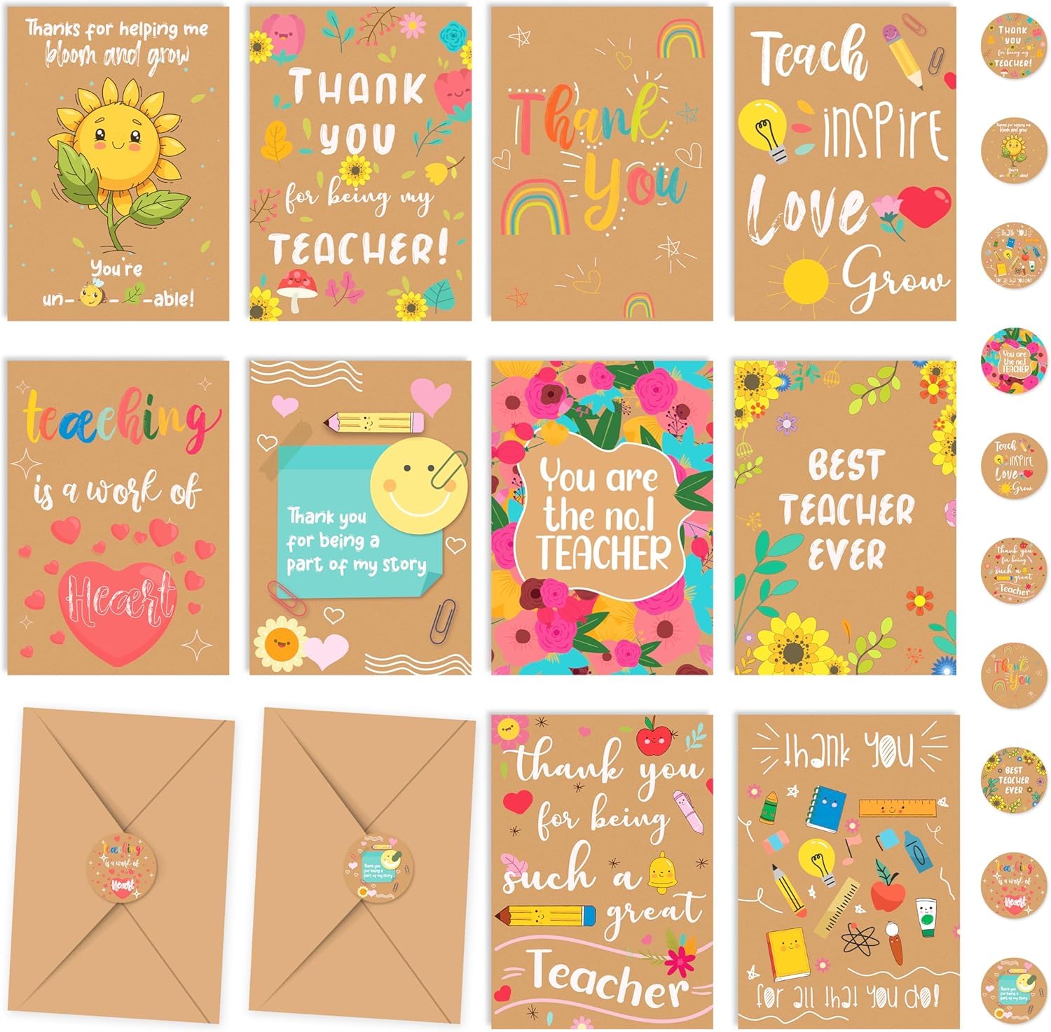 Giftinghouse 10 Thank You Teacher Cards Multipack with Envelopes and Stickers - 10 Unique Designs for Men and Women β Blank Inside - Teachers Christmas Cards (Pack of 20)