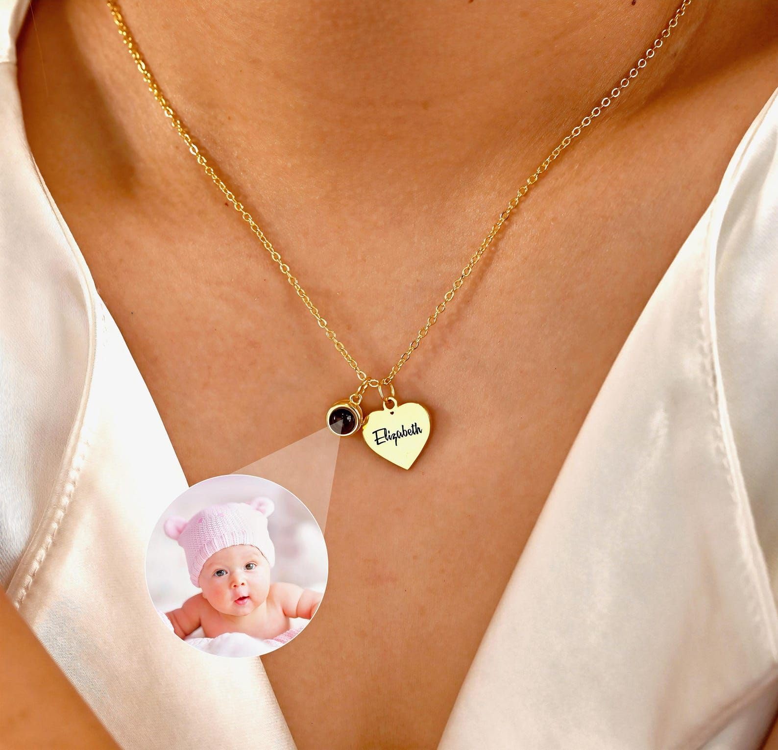 Personalizzato foto collana con proiezione con cuore ciondolo, su misura nome immagine commemorativo Natale