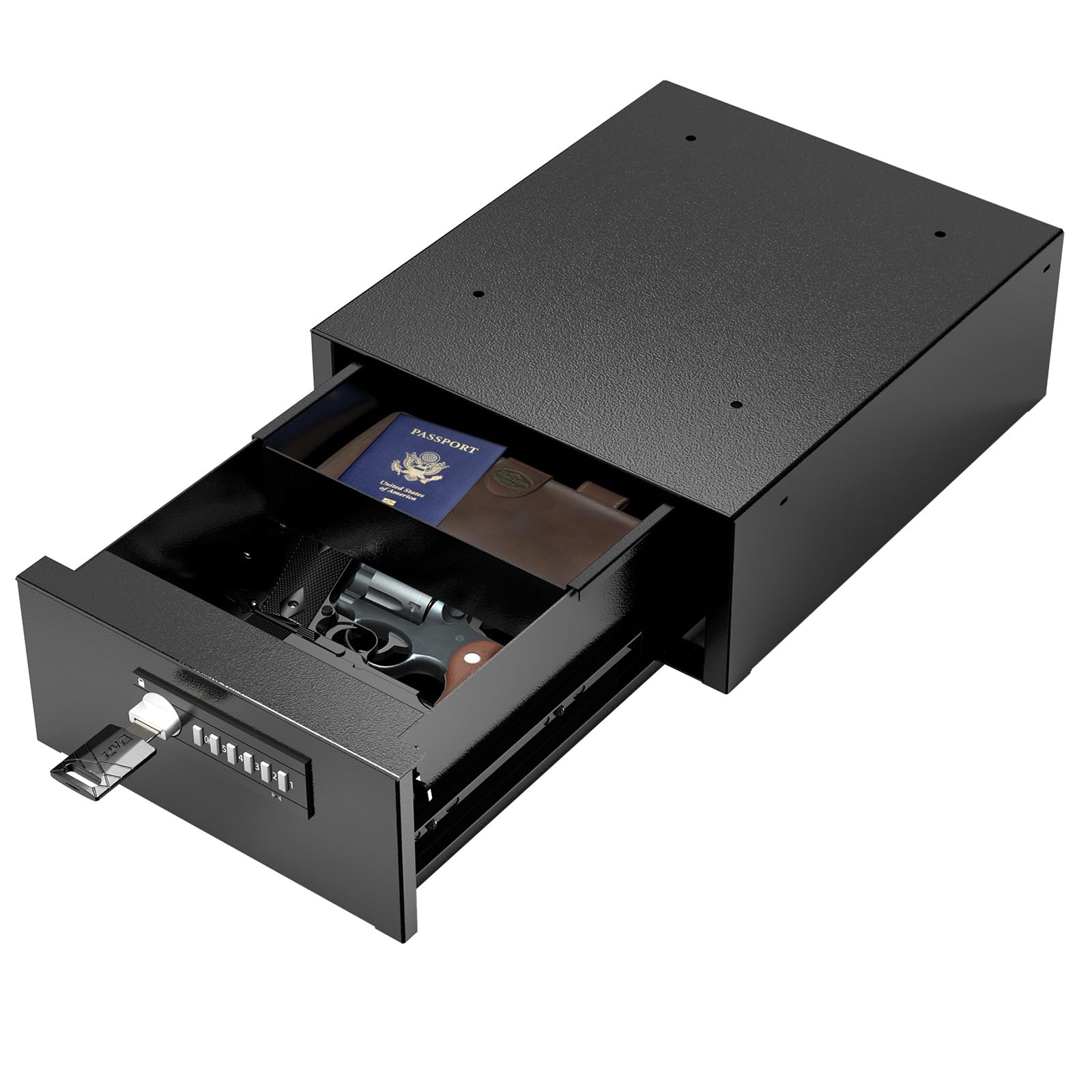 POCHAR Under Desk Gun Safe with Electronic Keypad Key Lock - Steel Slide-Out Handgun Safe Storage Drawer for