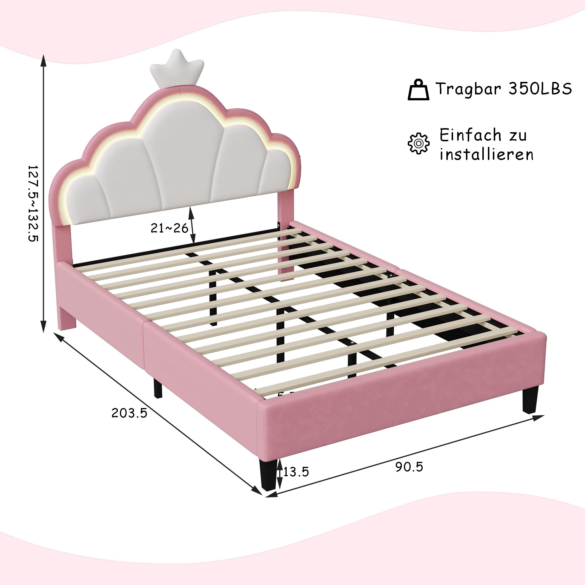 Lit Enfant Rembourré 90x200 cm avec LED pour Fille Adolescent- Tête de Lit Réglable en Hauteur, Sommier à Lattes, Design Couronne de Princesse en PU Rose (sans Matelas)
