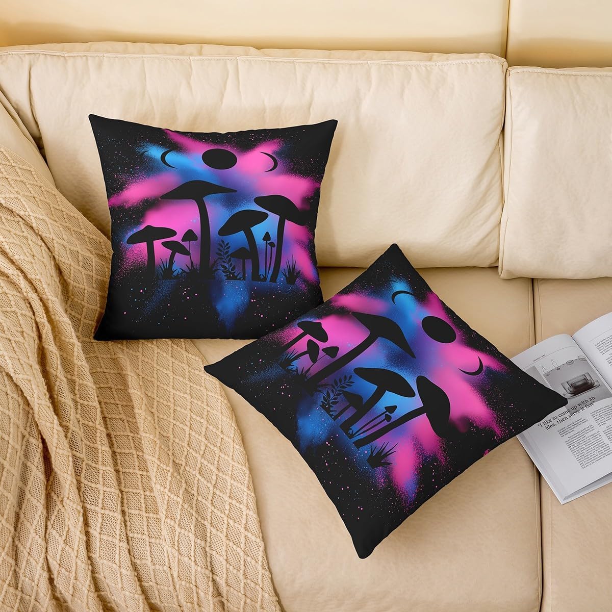 Manfei Colorful Tie Dye Throw Pillow Cover,Wild Rustic Plants Double Sides Print Cushion Cover for Bed Sofa,Mushroom Square Couch Pillow Cover,2 Pack 22"x 22"