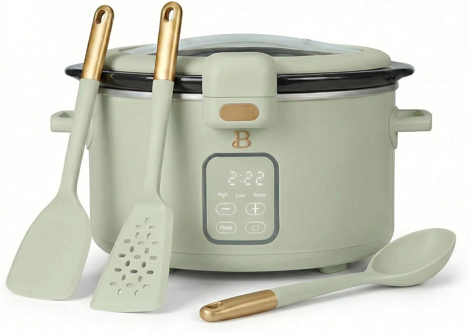 4 Quart Slow Cooker with Hinged Locking Lid and Touch Activated Display and 3 Piece Silicone Kitchen Utensil Set - Porcini Taupe Digital Small Slow Cooker with Timer and Automatic Warm