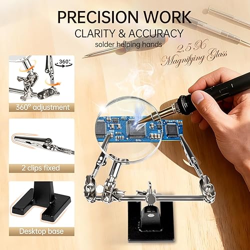 Miniatura 4 de AORAEM Lupa de manos de ayuda con clips de cocodrilo ajustables dobles en estación de soldadura de lupa 2.5X para manualidades, pasatiempos, micro