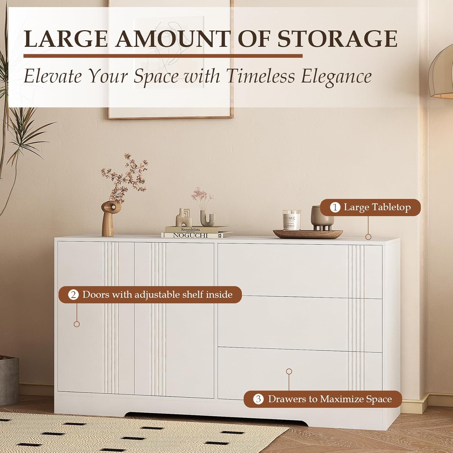 J.C.UP Buffet Cabinet, with 3 Drawers 2 Double Doors, Adjustable Shelf Versatile Coffee Bar & Entryway Storage White Sideboard for Kitchen Organization