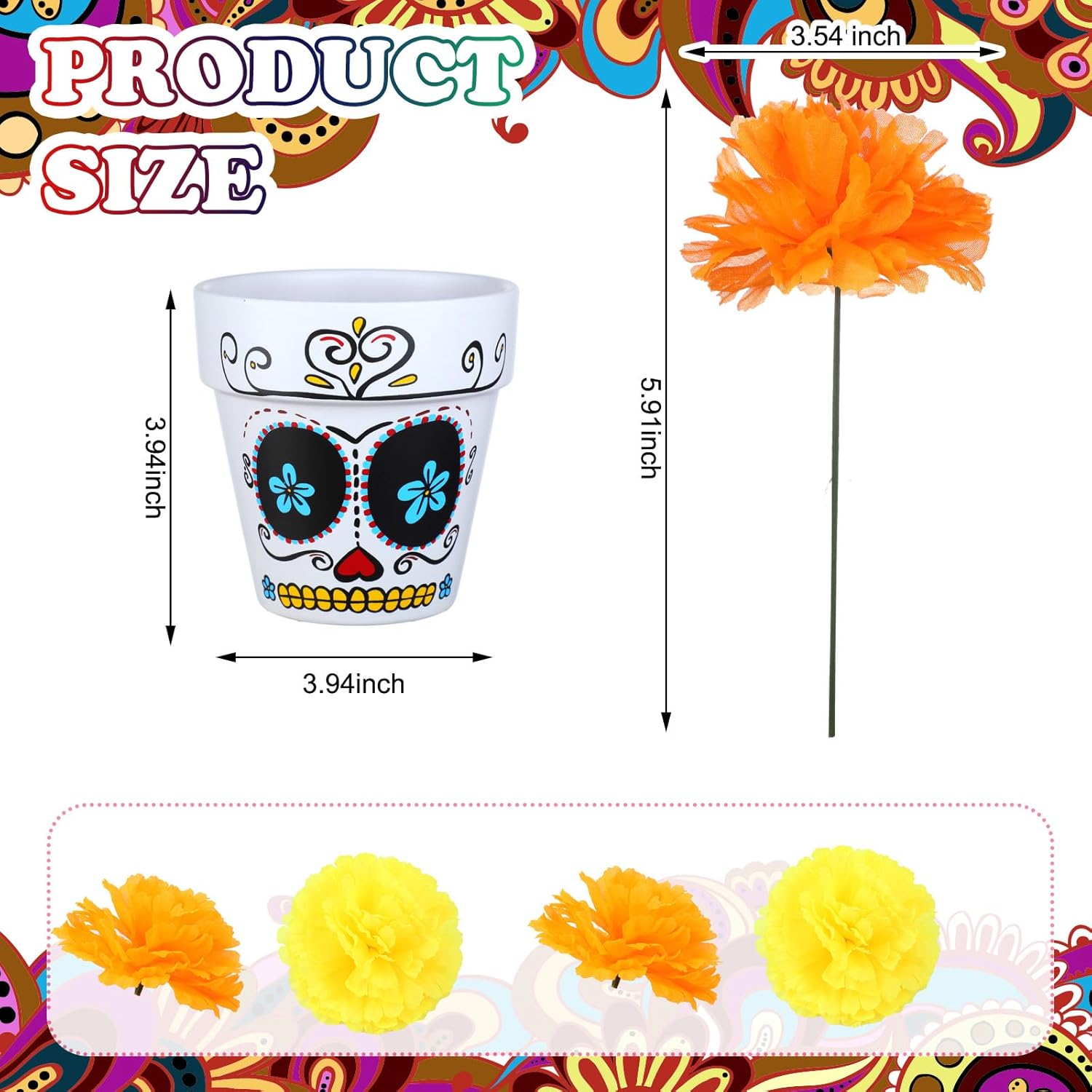 36 Pcs Day of The Dead Table Centerpiece Sugar Skull Pots with Marigold Flower Dia De Los Muertos Skeleton Centerpiece for Halloween Party Tables Decorations