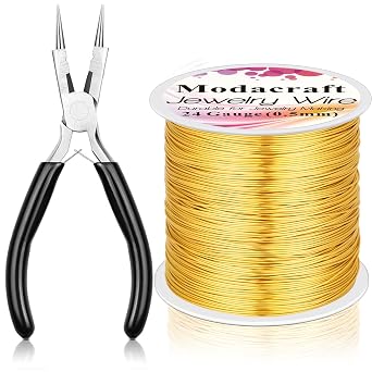 ModaCraft 24 Gauge Sweet Spot Jewelry Wire Gold 213ft/65m + 4-in-1 Comfort Grip Pliers | Tarnish Proof Copper Craft Wire for Wire Wrapping, Beading & Charm Bracelets | Jewelry Making Starter Kit