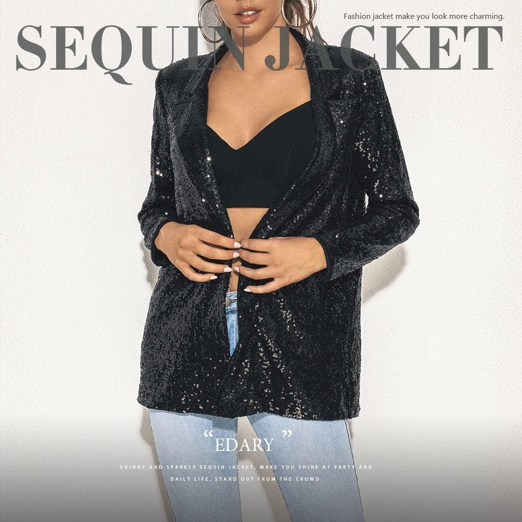 Edary Women's Sequin Jacket Casual Open Front Blazer Jackets Glitter Sparkle Lapel Long Sleeve Cardigan Coat WT30 - Image 6