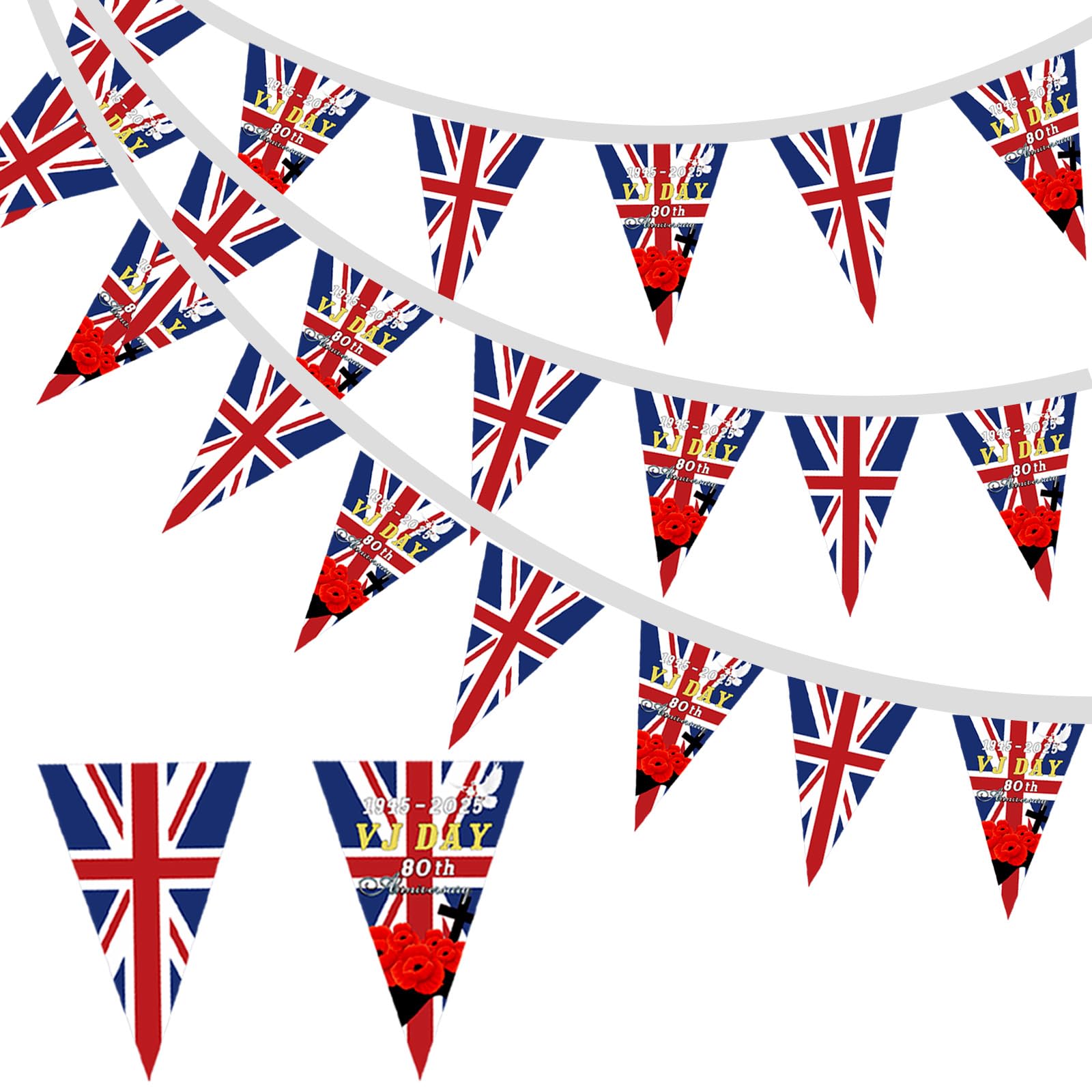 Bandiera VJ DAY 80th Anniversary – Bunting 10m Con 30 Pezzi, Decorazione Per Anniversario Militare