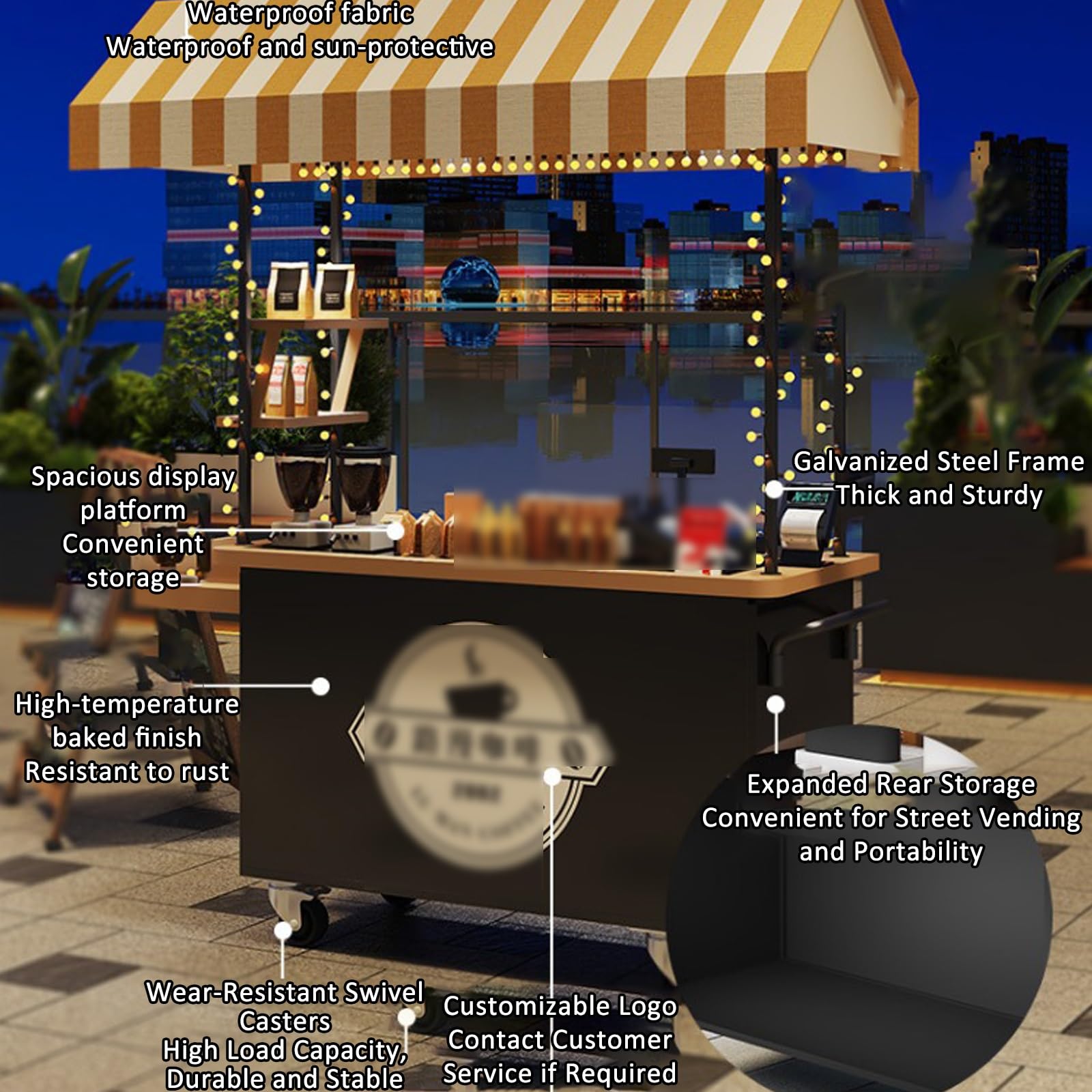Carrello portatile della stalla del mercato con il baldacchino, a ruote e arrotolabile per il mercato degli agricoltori, i chioschi dell'alimento e le bancarelle dello street food