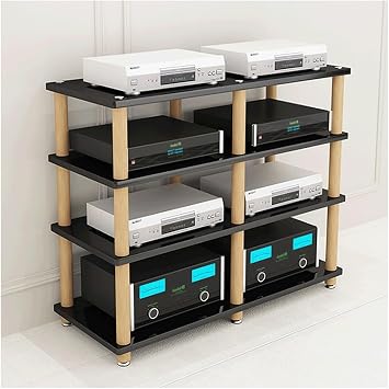 Modern Audio Rack Stand Double Wide AV Media Stand for Home Stereo Component Cabinet Wooden Rack Audio Tower Audio Rack ShelfBlack,4 Tier
