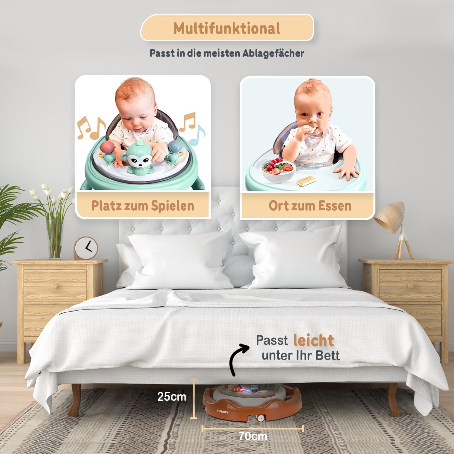 Twinky® Lauflernwagen mit Spielset & Bodenmatte - Robuste 4-fach verstellbare Vorschul-Lauflernhilfe - Ideal als Gehhilfe für die ersten Schritte Ihres Kleinen (Braun)