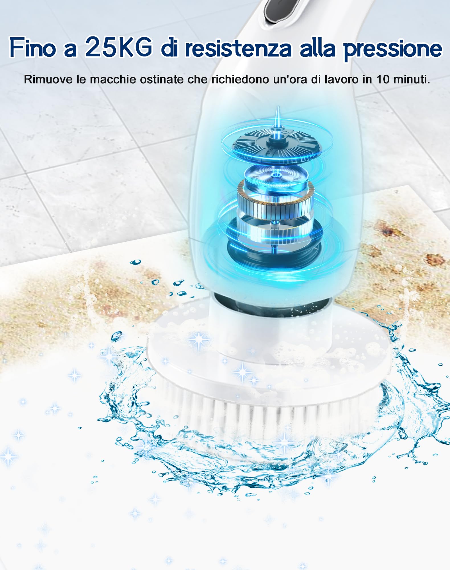 Spazzola Elettrica Rotante, Spazzola Elettrica Rotante con 4 Testine, 350 Giri/min 2 Velocità, Impermeabile IPX7, Display Digitale Batteria, Spazzola Telescopica per Pulizia Casa Bagno Cucina