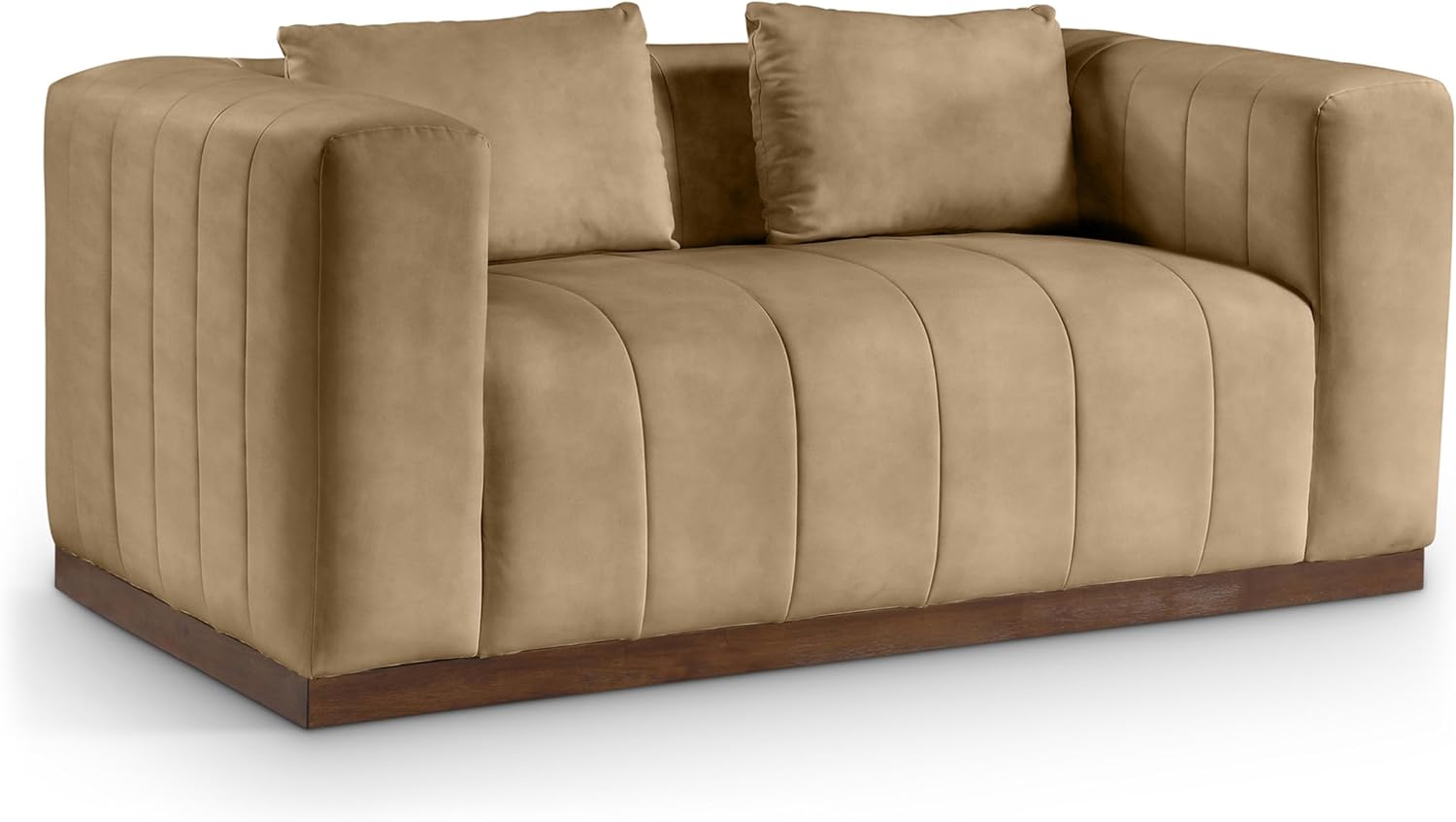 Meridian Furniture 44098Cognac-L Mallina Collection Modern | Contemporary Loveseat with Soft Cognac Vegan Leather, Walnut Finish Solid Wood Base, Deep Channel Tufting, 67" W x 36" D x 28.5" H, Cognac