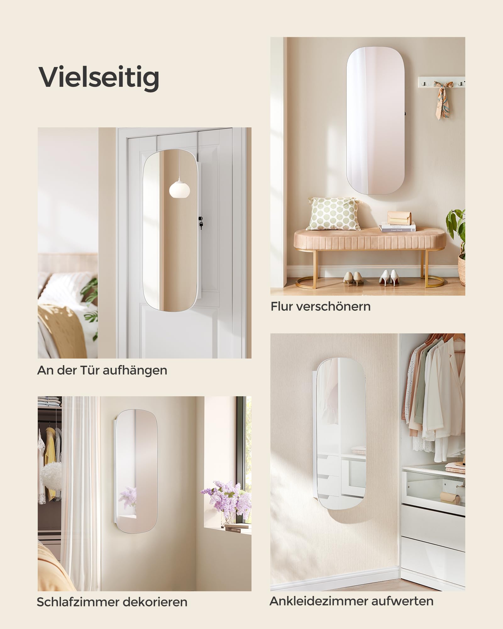 SONGMICS Schmuckschrank, Spiegelschrank, Schmuck-Organizer mit LED-Beleuchtung, abschließbar, Wandschrank mit Spiegel, für Ohrring, Halskette, Oberfläche in Weiß, Innenfutter in Greige JJC026W01