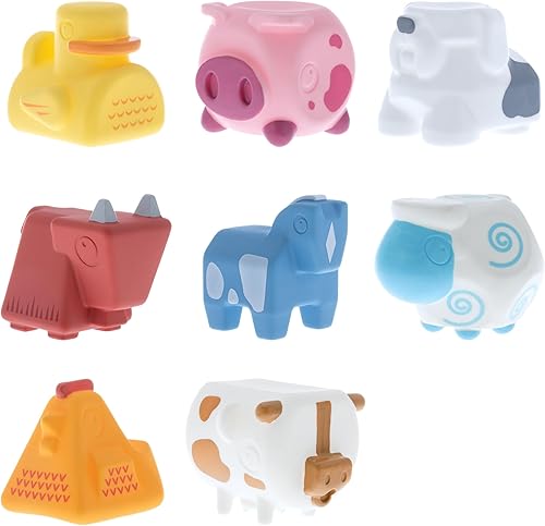 Nuby Juguetes de baño interactivos de animales de granja apilables suaves – Juego de 8 piezas – Juego interactivo para desarrollo sensorial y
