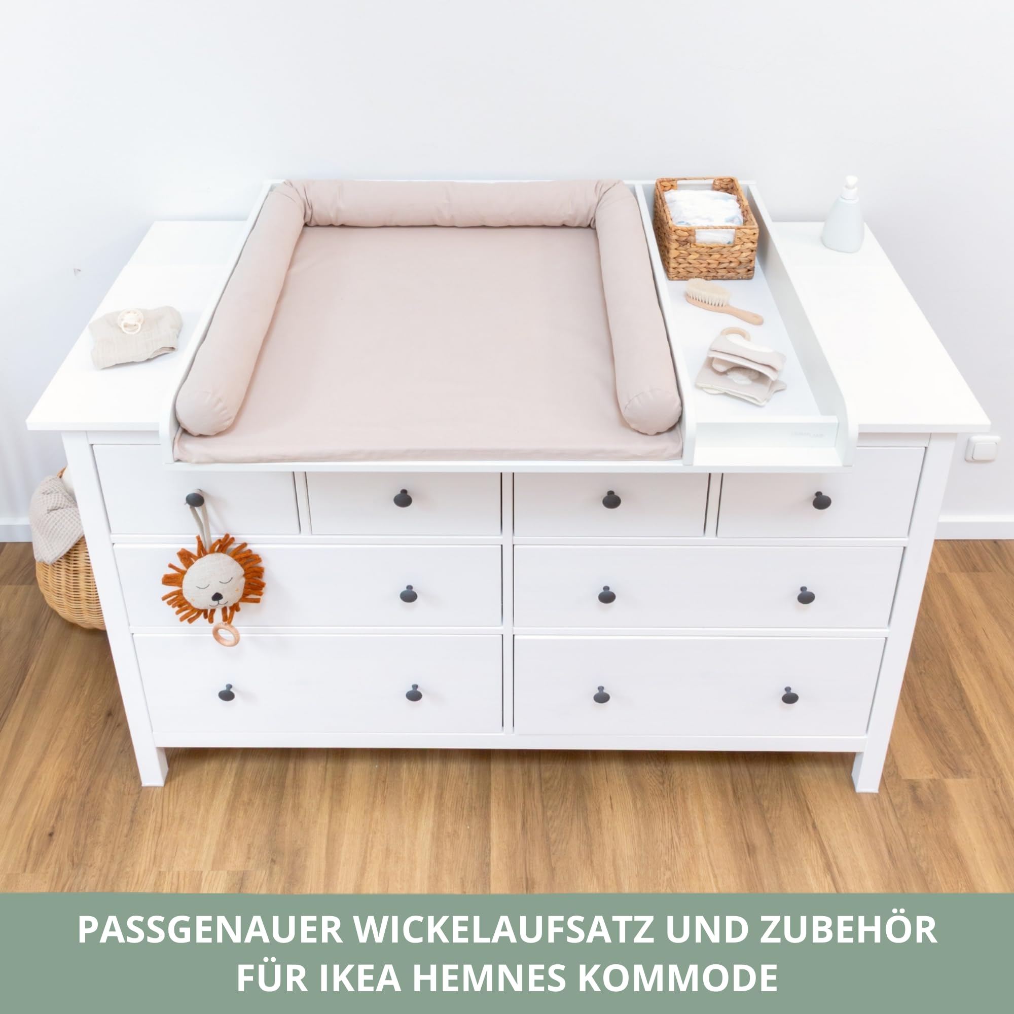 Wickelaufsatz Set für IKEA HEMNES – mit Aufsatz, Wickelauflage & Umrandung aus 100% Baumwolle (Pure Beige, 160 cm Aufsatz & Auflage)