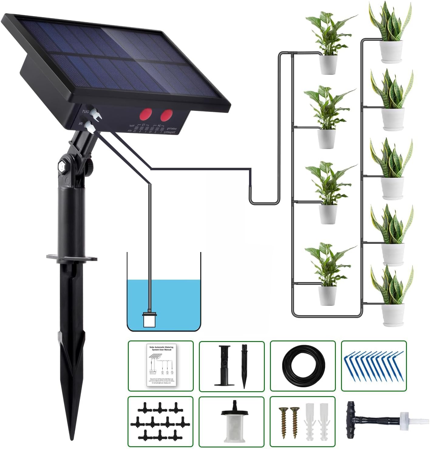 - 12 Timer Modes Solar Drip Irrigation System - Auto Drip Irrigation Kits with Anti-Siphon Supports 20-30 Pots, Solar Powered Garden Watering System for Indoor & Outdoor Plants, 3W, 65.6 FT